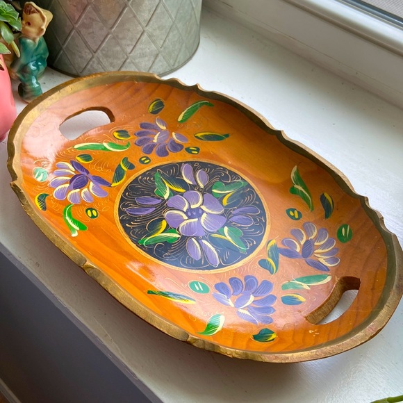 Other - Vintage Bohemian Hand Painted Wooden Tray Folk Art, SEE DESCRIPTION